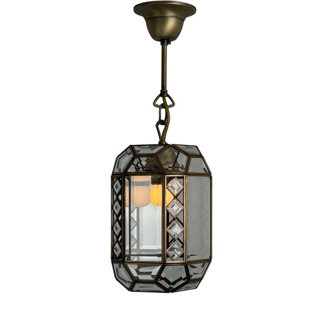 Art Deco Italian Revival Brass and Beveled Glass Lantern, 1970s For Sale
