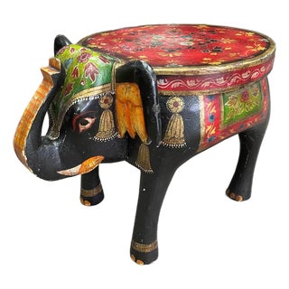 Vintage Handpainted Solid Wooden Elephant FootStool, 15 Inches Tall, Indian Style For Sale