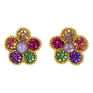 Richard Kerr Multicolor Crystal Flower Clip Earrings For Sale