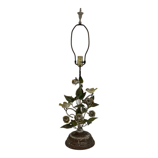 Vintage Italian Tole Bird & Floral Table Lamp, Cottagecore, Circa 1950s For Sale