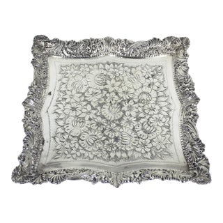 Ornate Silver Plated Square Tray Platter Vintage Plate Embossed Chased Serving For Sale