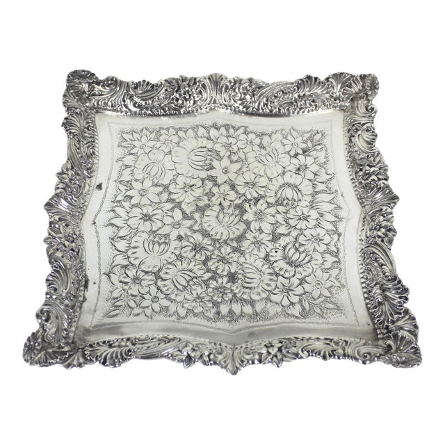 Ornate Silver Plated Square Tray Platter Vintage Plate Embossed Chased Serving For Sale