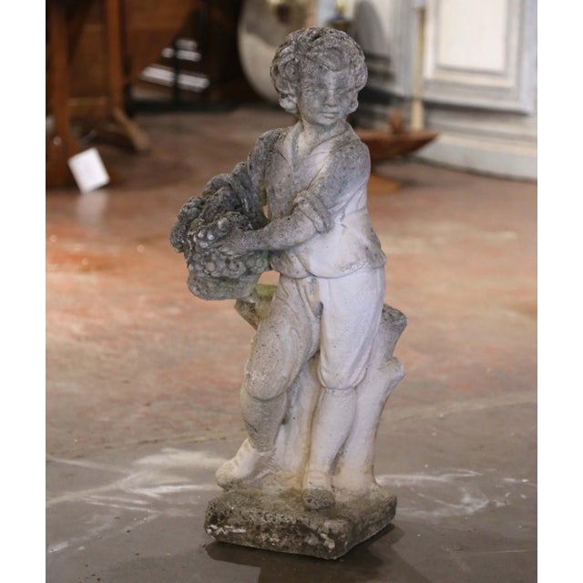 Early 20th Century Early 20th Century French Stone Garden Statue of Young Boy Holding Grapes For Sale - Image 5 of 8
