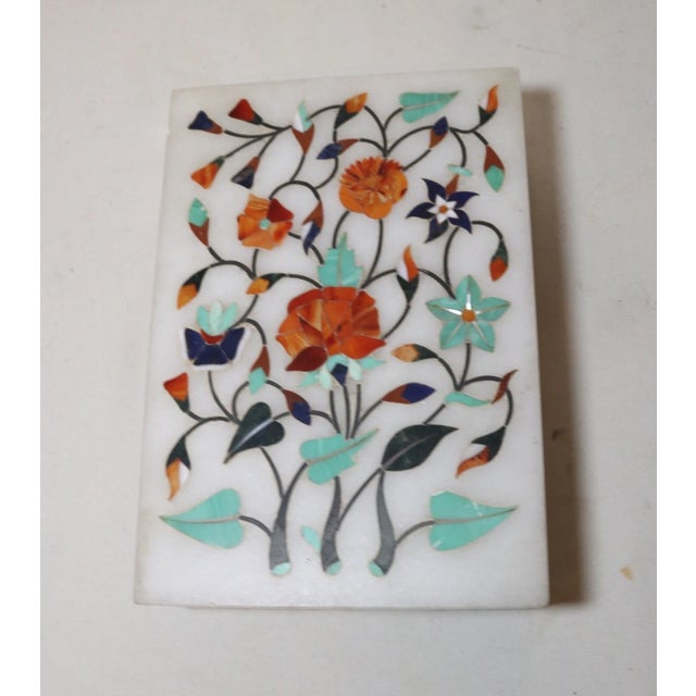 Stone Vintage Handmade Indian Agra Marble Inlaid Stone Marquetry Lapis Turquoise Box For Sale - Image 7 of 10