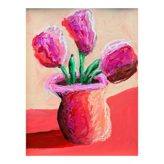 Pink Tulips Original Floral Flower Still Life Painting on Paper For Sale
