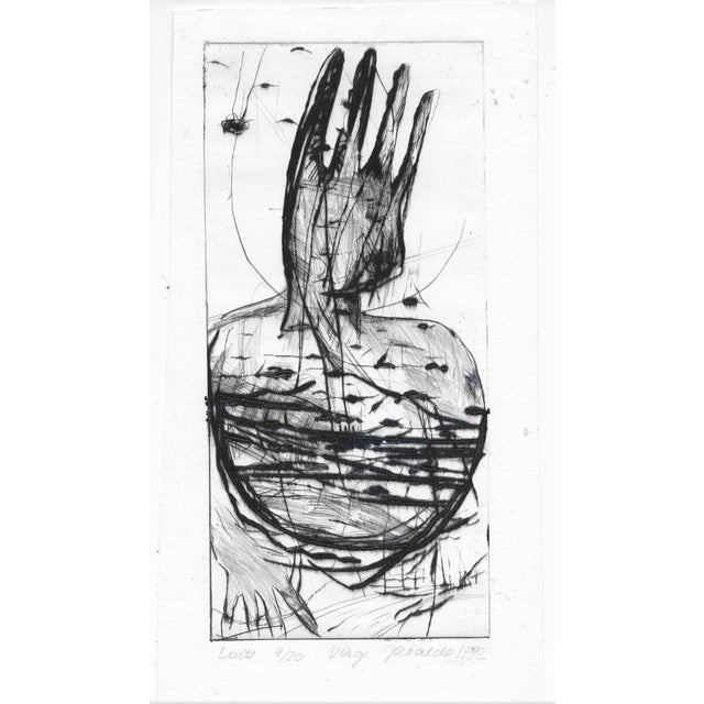 Etching and dry point of an abstracted figure, number 9 of 20 and signed illegibly by the artist. Combined shipping...