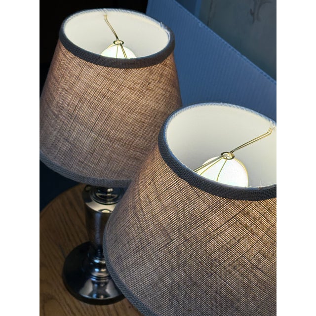 Silver Mid 20th Century Japanese Black Bronze Japanese Etched Table Lamps, Pair For Sale - Image 8 of 12