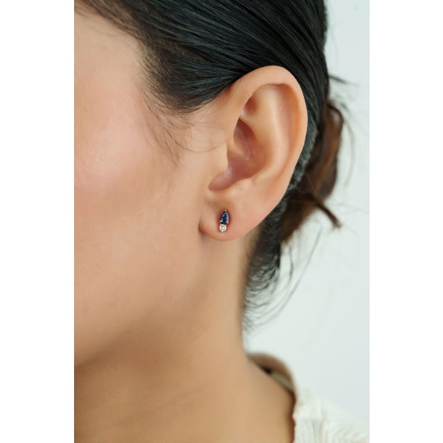 Pear-Cut Blue Sapphire & Diamond Classic Earrings in 14k Solid Yellow Gold- A Pair For Sale - Image 4 of 11