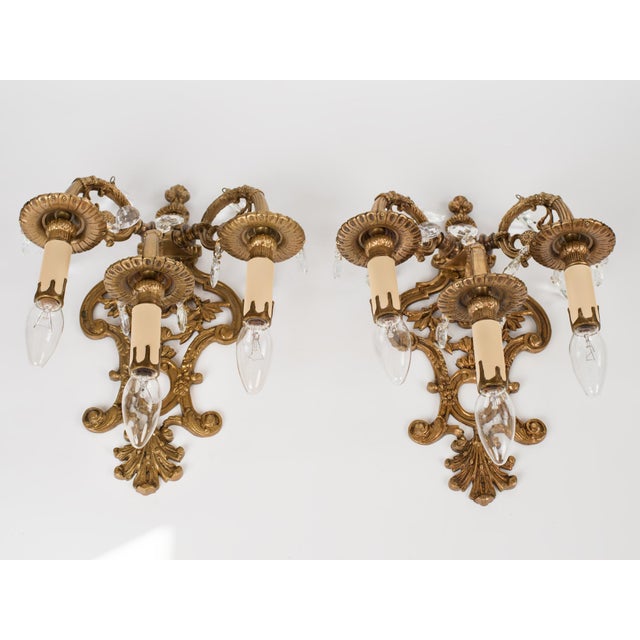 1950s 1950s Spanish Rococo Sand-Cast Brass 3-Light Sconces With Crystals - A Pair For Sale - Image 5 of 12