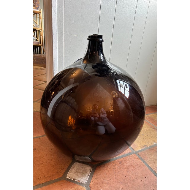 Shabby Chic Antique Large French Amber Glass Demijohn For Sale - Image 3 of 8