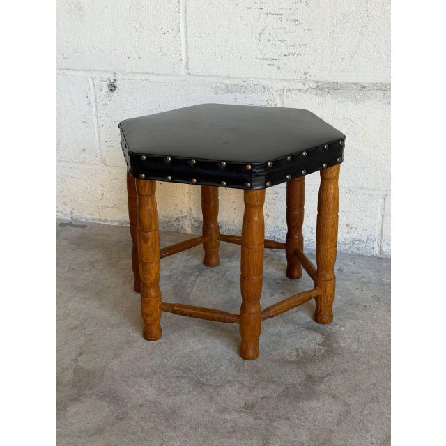 Black Black Leather Hexagonal Ottoman With Wooden Legs Danish Mid-Century Modern 1970s For Sale - Image 8 of 9
