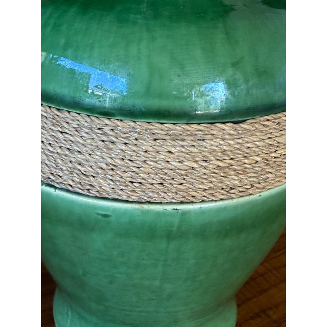 Traditional Vintage Green Glazed Ceramic Vase With Natural Fiber Wrap For Sale - Image 3 of 11