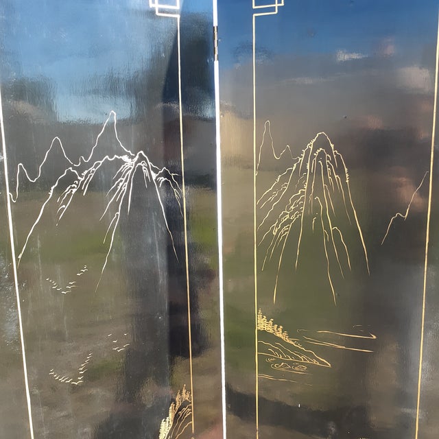 Vintage Chinese Black Lacquer 4-Panel Folding Screen, Hand-Painted Chinoiserie Room Divider For Sale - Image 10 of 10