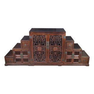 Vintage Japanese Elm Tansu Step Cabinet Chest Cupboard Double Sided Fretwork 90" For Sale