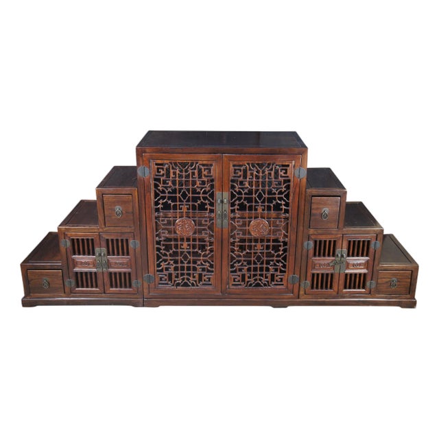Vintage Japanese Elm Tansu Step Cabinet Chest Cupboard Double Sided Fretwork 90" For Sale