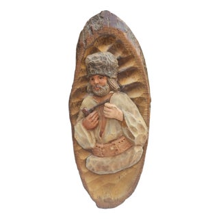 Wooden Highlander with Pipe Bas-Relief, 1950s For Sale