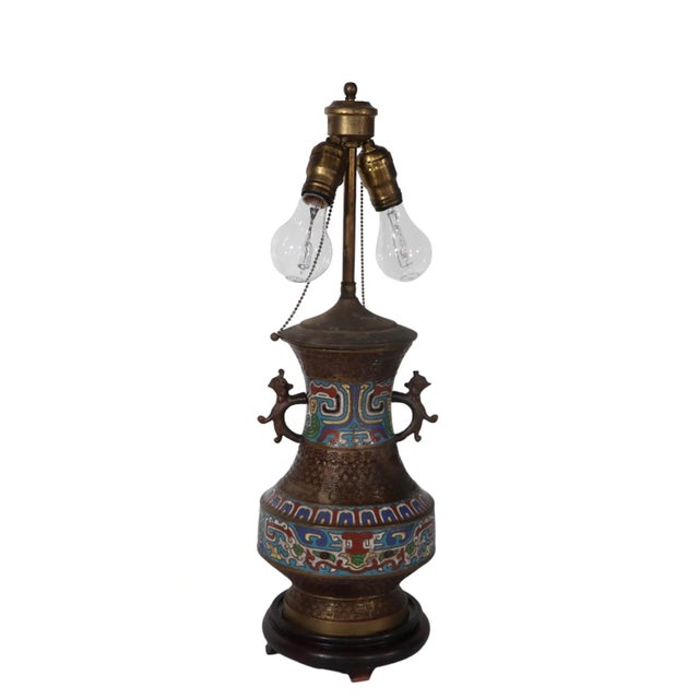 Art Deco Vintage Asian Brass Champleve Table Lamp For Sale - Image 3 of 12