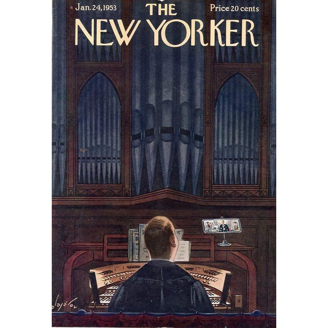 Original vintage New Yorker magazine cover dated January 24, 1953 featuring a Wedding and Church Organist theme. Based on...