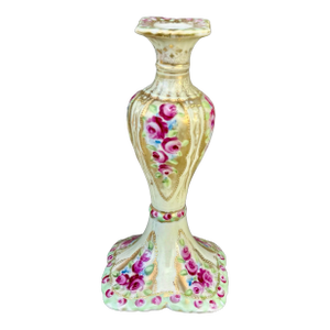 Antique Hand Painted Porcelain Candlestick Pink Roses Gold Gilt