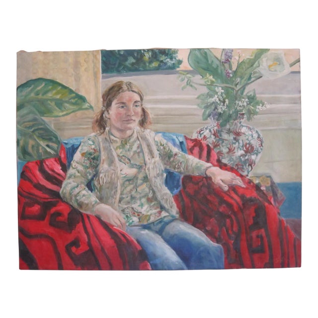 Oversized 70's Era Painting Young Girl, Signed For Sale