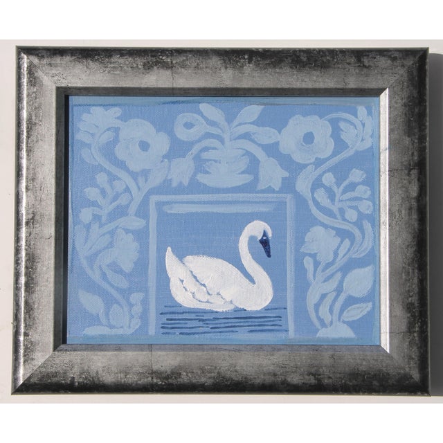 A white swan silhouette in shades of gray blue and a primitive floral border. Americana Minimalism, Contemporary, Folk...