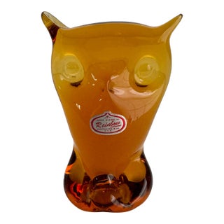 Mid Century Modern Rainbow Viking Glass Owl Epic Orange Amber Vintage For Sale