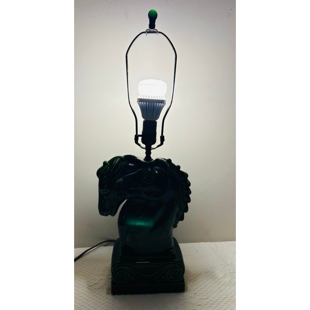 Beautiful, art deco style, vintage Royal Haeger double horse head glazed pottery table lamp. Beautiful dark green color...