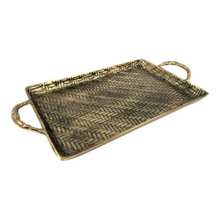Large Indian Textured Antique Gold Forged in Herringbone Serving Tray With Handles For Sale