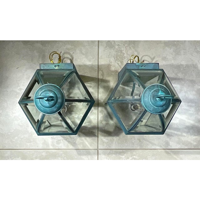 Exquisite Pair of Solid Brass & Verdigris Wall Lanterns For Sale - Image 14 of 17