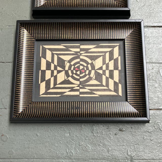 2 original 4 x 6 paintings on cardboard unsigned laid down on black foam core overall size with new old stock frame is...