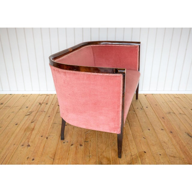 Antique Art Nouveau Edwardian Mahogany Barrel Back 2-Seater Settee Sofa, 1910s For Sale - Image 6 of 18