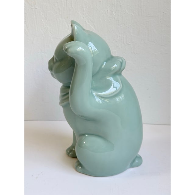 Gumps Mid 20th C. Gumps of San Francisco Celadon Glazed Porcelain Maneki-Neko Lucky Cat Figure For Sale - Image 4 of 9