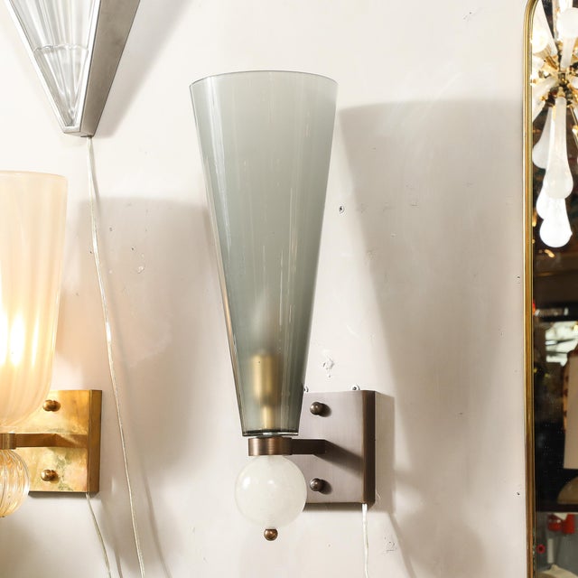 Modernist Hand-Blown Smoked Gray Murano Glass Conical Sconces With Orbital Drop For Sale - Image 9 of 15