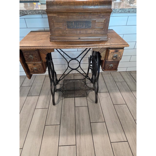 Antique Davis Treadle Sewing Machine in Wooden Cabinet With Ornate Cast Iron Base, Late 19th Century For Sale - Image 14 of 14