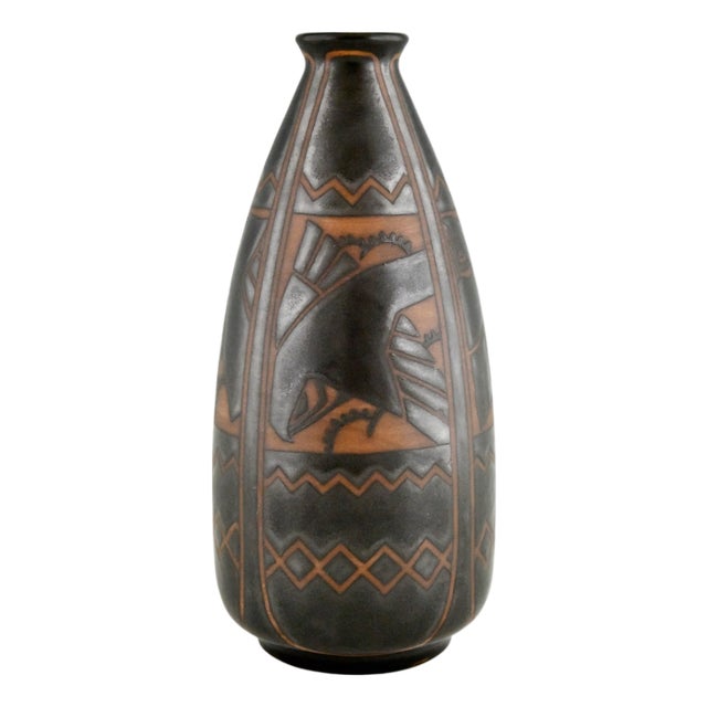Art Deco Stoneware Ceramic Vase with Birds by Charles Catteau for Boch Frères, Keramis, 1925 For Sale