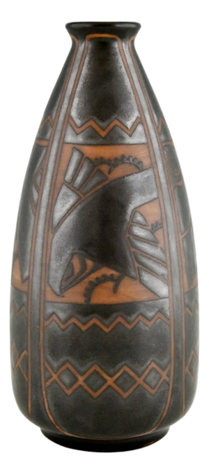 Art Deco Stoneware Ceramic Vase with Birds by Charles Catteau for Boch Frères, Keramis, 1925