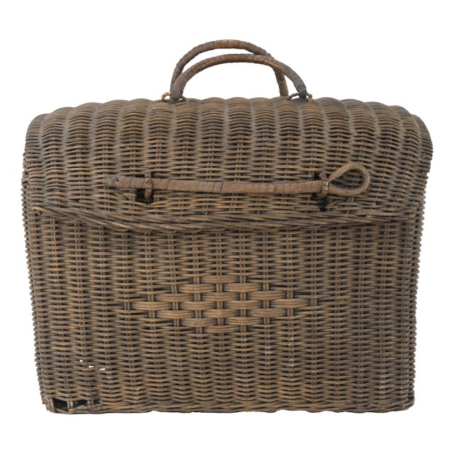 Vintage Woven Rattan Picnic Basket With Handle & Lid – Handwoven Storage & Décor For Sale