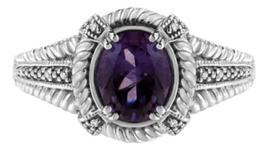 .925 Sterling Silver Prong Set Natural Oval Shape 9X7 MM Purple Amethyst Solitaire and Diamond Accent Ring - Ring Size 9