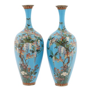 Pair Japanese Cloisonne Enamel Vases Meiji Signed Turquoise Ground For Sale