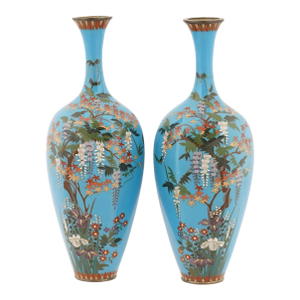 Pair Japanese Cloisonne Enamel Vases Meiji Signed Turquoise Ground