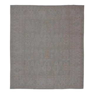 Modern Oushak Rug With Warm Field and Light Blue and Green Accents 13'2 X 14'10 For Sale