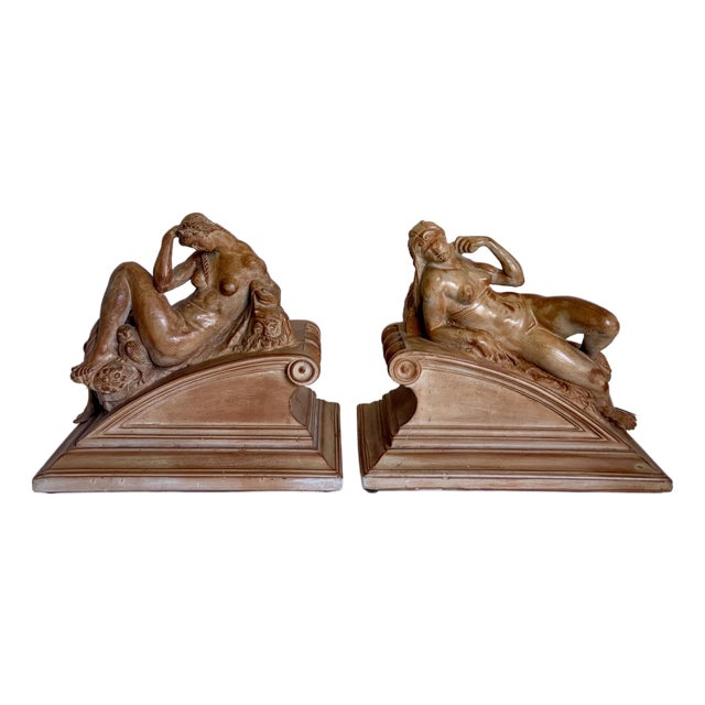 Pair of Vintage Italian Reclining Nude Figural Bookends in Terracotta Finish For Sale