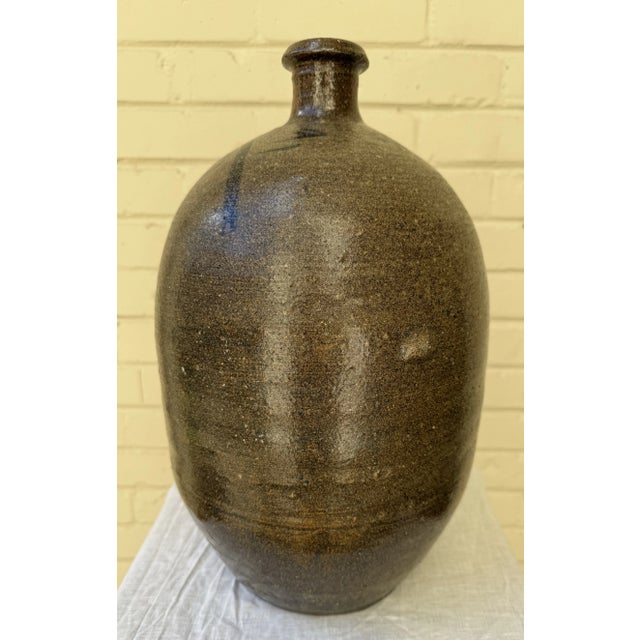Brown Vintage Japanese Handmade Stoneware Sake Bottle Storage Jar For Sale - Image 8 of 10