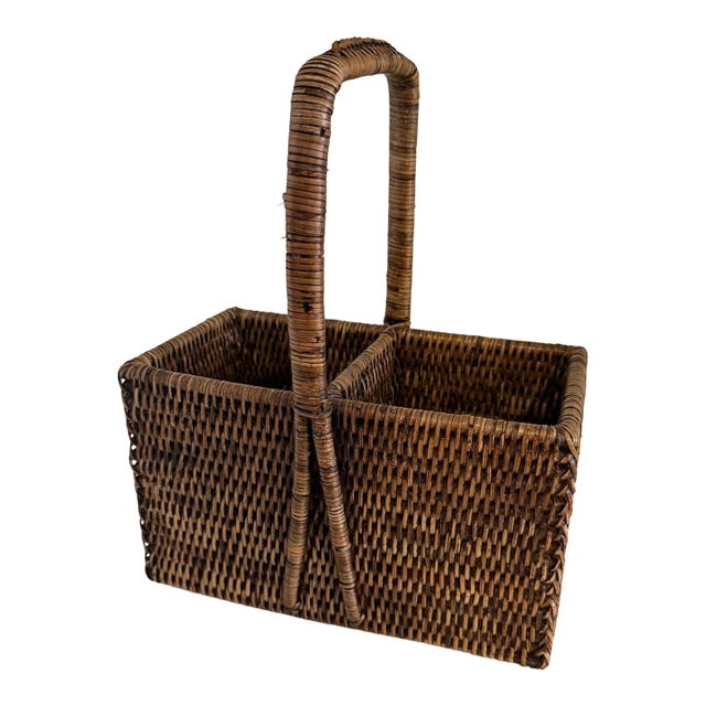 Vintage Rattan Wine Carrying Basket For Sale