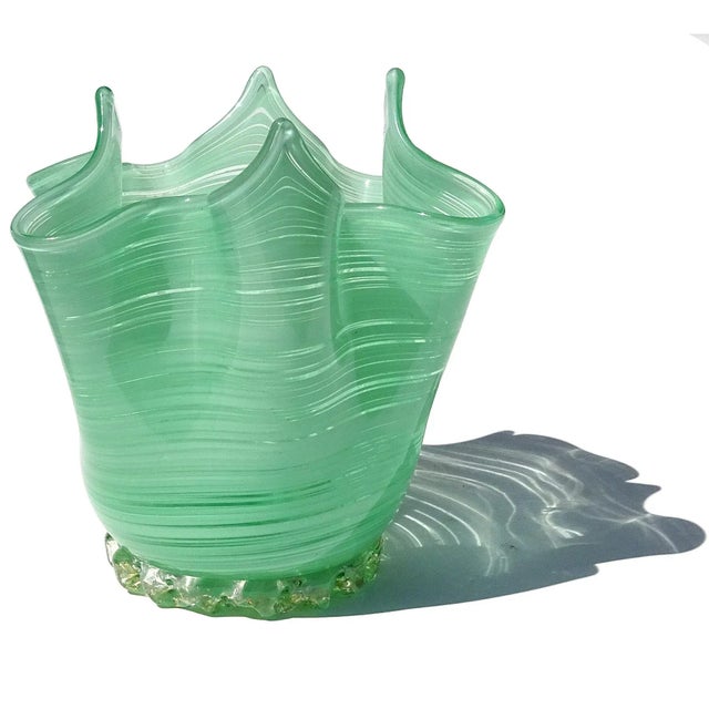 Art Deco Vintage Murano Jade Green Threads and Gold Flecks Italian Art Glass Decorative Fazzoletto Vase For Sale - Image 3 of 8