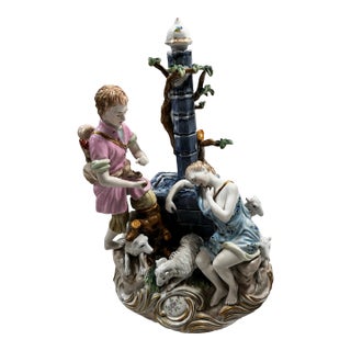 18th-19th Century Meissen Porcelain Figurine of Shepherd and Shepherdess With Sheep For Sale