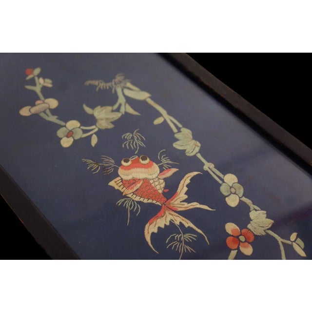 Antique Chinese textile with frame, size: 0' 8''x 1' 10''. Antique Textile Small Scatter Size Wool Blue Rug, Circa Date:...