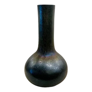 Large Vintage Dark Iridescent Crackle Glaze Art Glass Vase