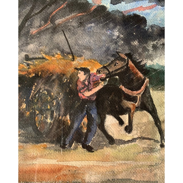 Mid-Century Modern 1960s Fernand Auger Watercolor of Farmer + Horse in a Storm For Sale - Image 3 of 10