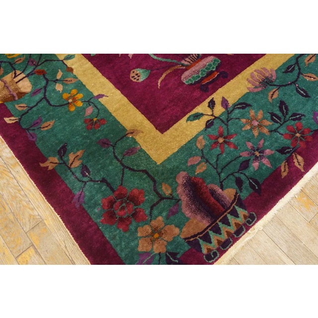 Raspberry Red 1920s Raspberry Red Floral Vase Antique Chinese Art Deco Carpet 8' 10" X 11' 6" Knotted Wool Rug For Sale - Image 8 of 9